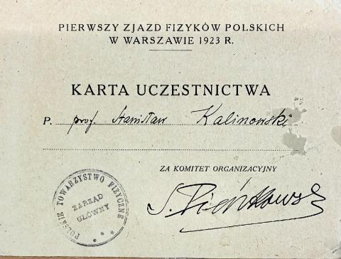 Karta uczestnika Zjazdu Fizyków Polskich 1923